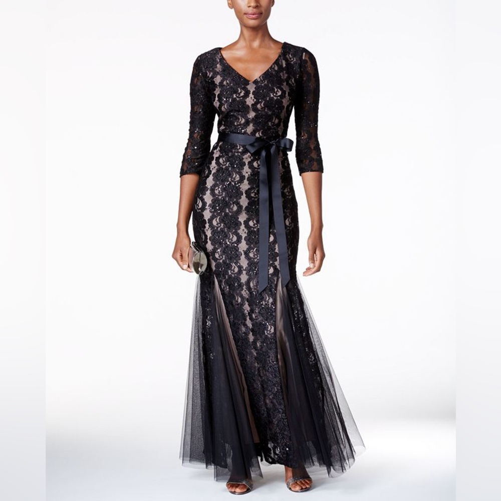 Alex Evenings Sequined Lace Mermaid Sash Gown